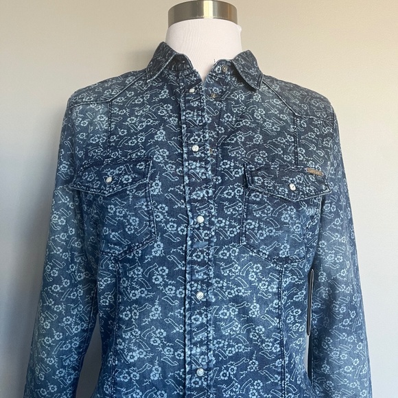 GUESS Lalima Blue Denim Printed Floral Flower Faux Pearls Casual Shirt Top RARE - Picture 5 of 11